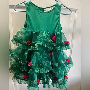 Green Kids Costume Dress with Ruffles and Pom Poms